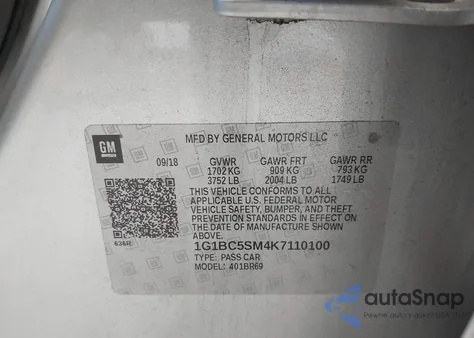 2019 Chevrolet Cruze Ls из США, поврежденный, VIN 1G1BC5SM4K7110100